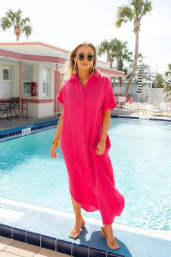 BuddyLove Clothing Label Short Sleeve Dresses | Vacation Dresses*Carmen Cover Up Caftan Maxi Dress - Hot Pink