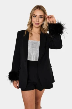 BuddyLove Clothing Label Outerwear*Elle Feather Trim Blazer - Obsidian