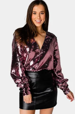 BuddyLove Clothing Label Tops*Jenny Long Sleeve Sequin Bodysuit - Rose