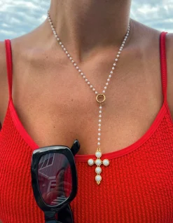 Chansuttpearls Jewelry*LARIAT PEARL CROSS NECKLACE