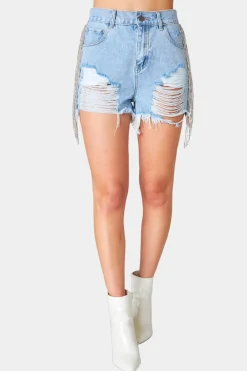 BuddyLove Clothing Label Bottoms*Raven Rhinestone Denim Shorts - Light Wash