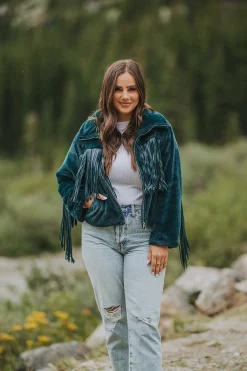BuddyLove Clothing Label Outerwear*Skylar Fringe Faux Fur Jacket - Jade