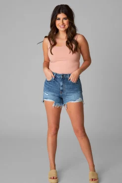 Hidden Bottoms*Sofie Frayed Hem Denim Shorts - Dark Wash